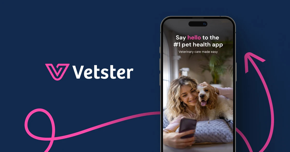Vetster brand visual with app hero and logo